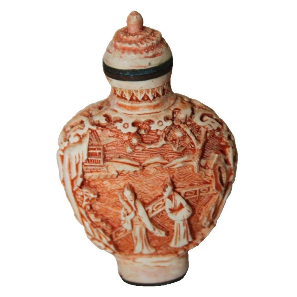 Vintage Chinese Orange Beige Carved Cinnabar Perfume Snuff Bottle Signed Marked - Picture 3 of 7